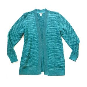 L.L. Bean Cotton Basketweave Open Cardigan Aqua